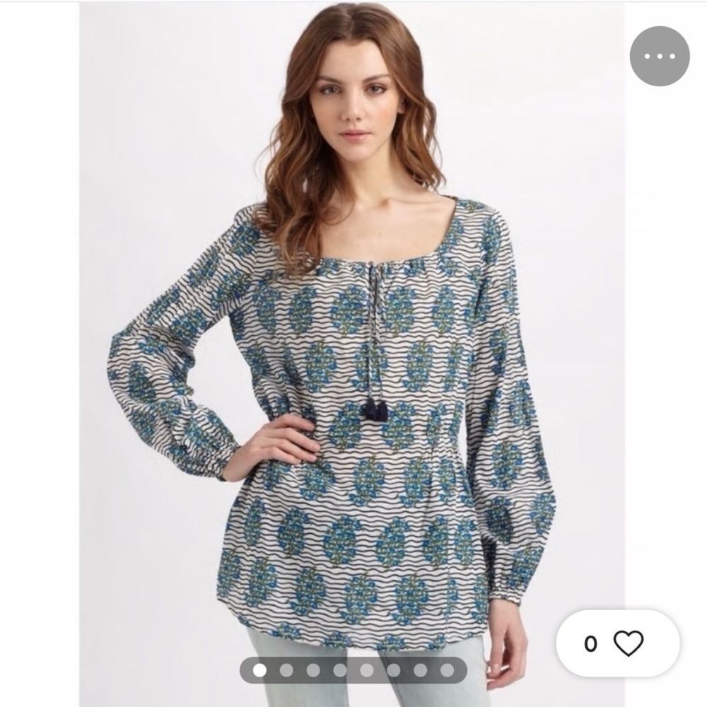 Tory Burch 4 Evelina Tunic Top Boho Cotton Tasseled Tie Neck Long Sleeve Womens